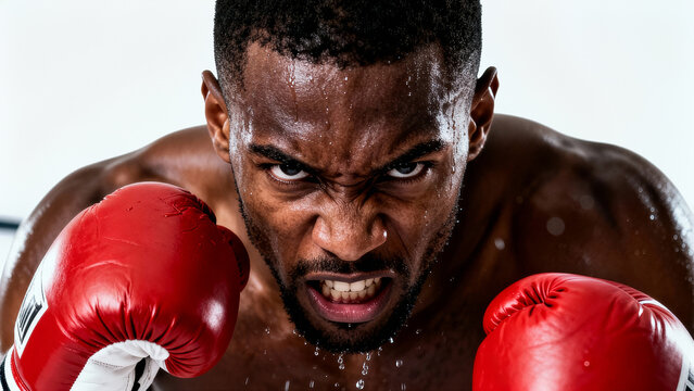Man in boxing gloves demonstrates fierce expression while preparing to throw a punch. Gym environment features bright lighting and clean walls. Concept of fitness, sports training, boxing