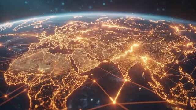 Global Network: The image is a visual representation of interconnectedness, showcasing the intricate web of global connections that binds the world together, with illuminated network lines.