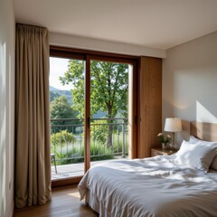 Bright and Airy Bedroom with Large Window Overlooking Green Landscape and Natural Light