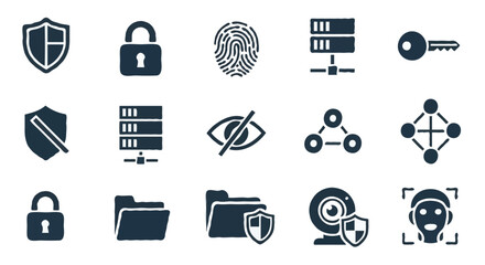 Cybersecurity Icon Set – 16 Minimalist Symbols Representing Data Protection and Digital Privacy