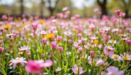 Naklejka premium Vibrant Field of Colorful Flowers Blooming in Spring Sunshine at an Outdoor Garden Scene