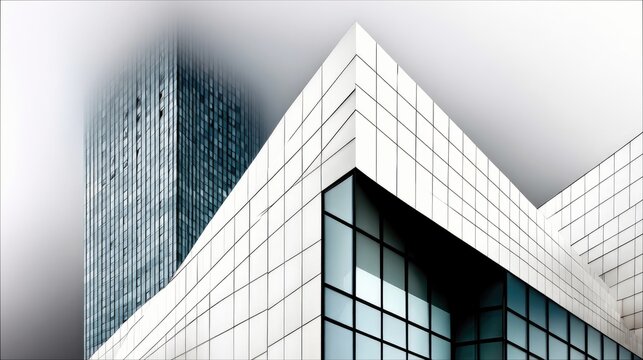 A modern architectural composition featuring a glass skyscraper partially hidden by fog, juxtaposed with a white tiled building showcasing sharp geometric angle