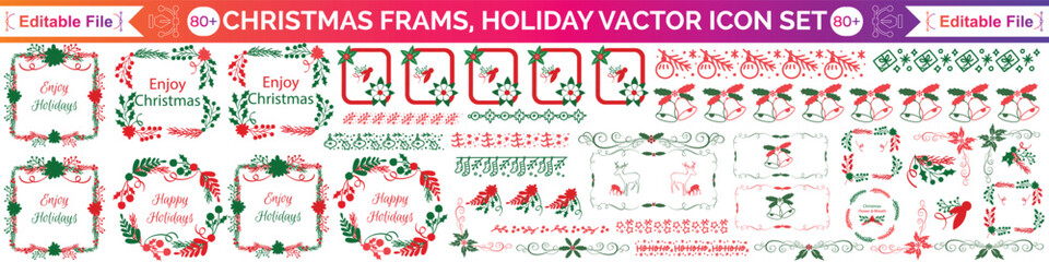 Christmas frame set, winter holiday border, New Year celebration decor print, hand drawn pine branch. Traditional festive postcard geometric garland design, wavy ribbon bow. Christmas frame party kit