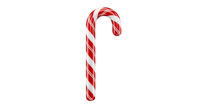 A single red and white striped candy cane with a curved hook shape isolated on transparent background