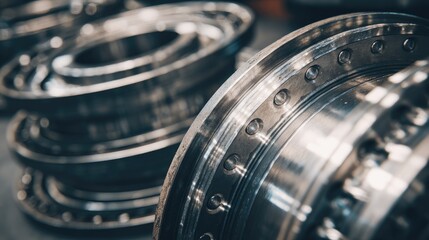 Shiny, machined metal rings arranged in a row