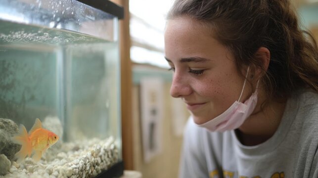 Young girl wearing a pink face mask, looking at a goldfish in an aquarium. she is wearing a grey t-shirt with a yellow logo on it and has her hair pulled back in a ponytail. - Powered by Adobe