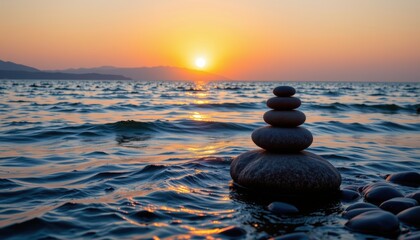 Stacked Stones at Sunset Over the Calm Ocean Waves in a Peaceful Coastal Landscape