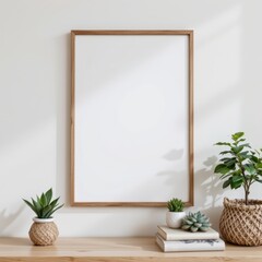 Blank Picture Frame on Wall with Green Plants and Natural Elements in Modern Home Interior