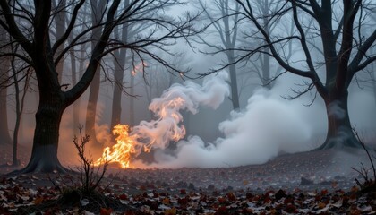 Fire and Smoke Surrounded by Trees in a Mysterious Foggy Autumn Forest