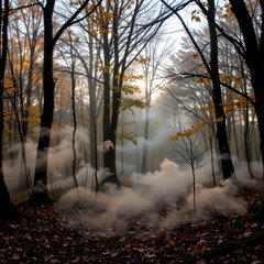 Mysterious Fog-Covered Forest Landscape at Dawn with Golden Autumn Leaves and Serene Atmosphere