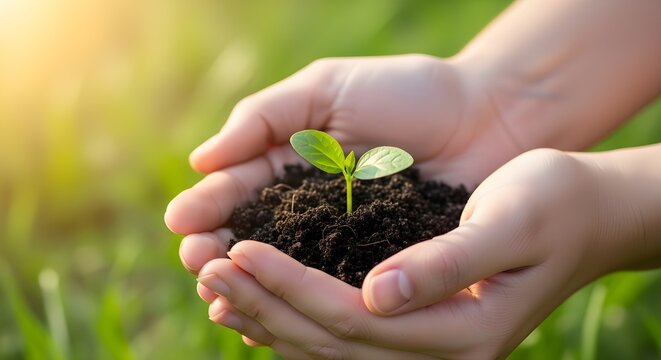Plant in Hands, Hands gently holding a young plant with soil, symbolizing new life and growth plant hand