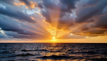 Dramatic Sunset Over Ocean with Rays of Light and Clouds in a Peaceful Seascape