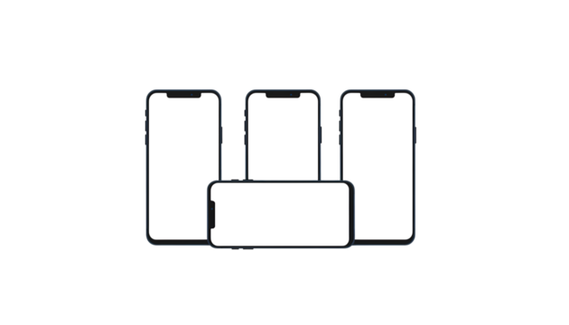 Minimalist black background featuring silhouetted smartphones and a tablet displayed together - Powered by Adobe