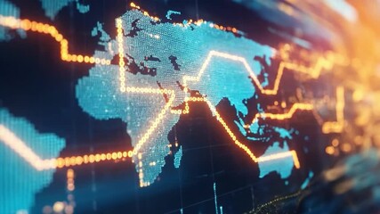 Global Market Analytics: A dynamic digital visualization depicts global financial trends, overlaying data streams onto a glowing world map to represent the pulse of the international market. - Powered by Adobe