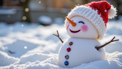 Cheerful Snowman with Red Hat Standing in Fresh Snow on a Bright Winter Day