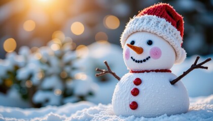Playful Snowman Surrounded by Snow with a Bright Sunset in the Background and Sparkling Bokeh