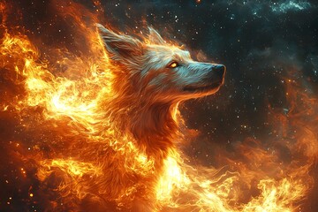 Cosmic dog illuminated in burning fiery sparks high resolution picture