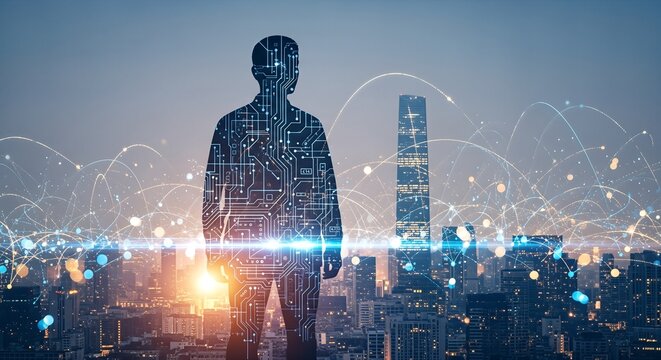 Silhouette of a man with digital circuit patterns stands over a modern city skyline at dusk, crisscrossed by glowing network lines. Represents AI, smart cities, and human-technology integration.