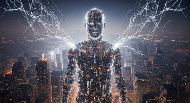 A futuristic humanoid figure composed of glowing city lights stands above a vast metropolis at night, with electrical energy emanating from its shoulders. Represents technology, AI, and connectivity.