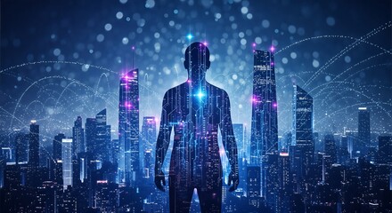 Silhouette of a man with glowing circuits stands before a futuristic night cityscape. Network lines connect buildings under a bokeh-filled sky, symbolizing AI, data, and urban technology.