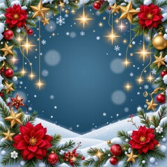 Festive Holiday Background with Poinsettia Flowers and Shimmering Ornaments in Winter Wonderland