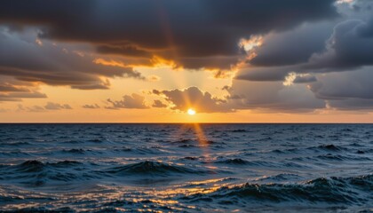 Serene Sunset Over Calm Ocean Waters with Dramatic Clouds and Vibrant Colors in the Sky