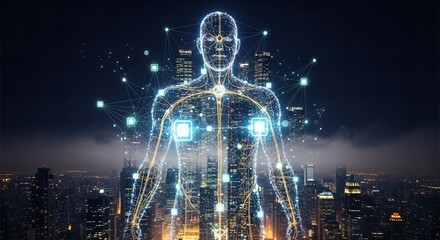 A glowing abstract wireframe human figure with network connections stands against a futuristic city night skyline. Represents AI, data, smart tech, and humanity's digital future.