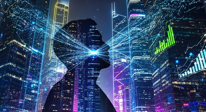 Silhouette of a person's head filled with digital data streams and glowing lines over a vibrant, illuminated cityscape at night, symbolizing AI, technology, and analytics. - Powered by Adobe