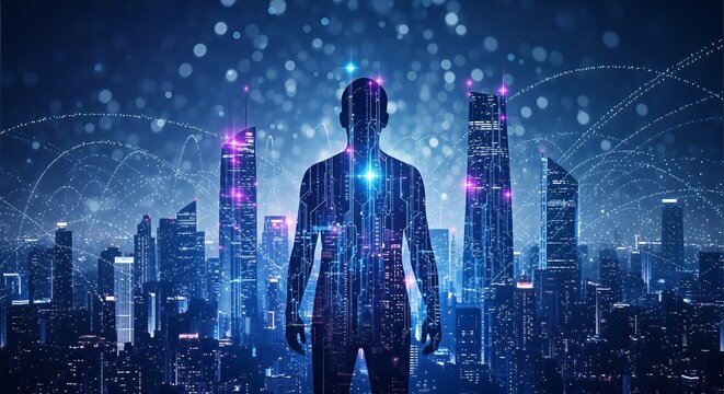 Silhouette of a man with glowing circuits stands before a futuristic night cityscape. Network lines connect buildings under a bokeh-filled sky, symbolizing AI, data, and urban technology.