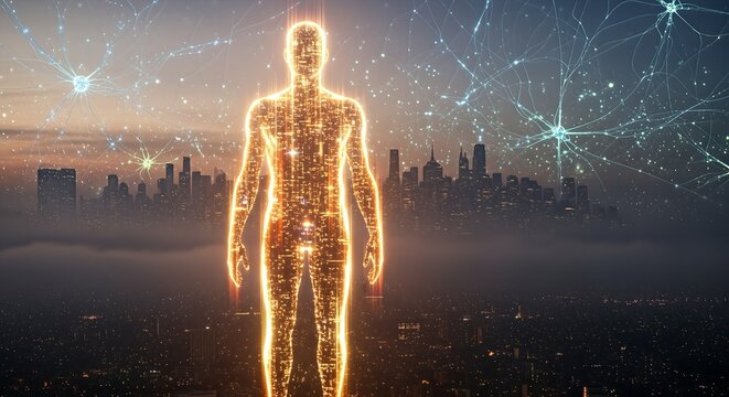 A glowing, circuit-patterned human figure stands tall above a modern cityscape, connected by an intricate neural network in the sky, symbolizing AI and technology's integration with humanity.