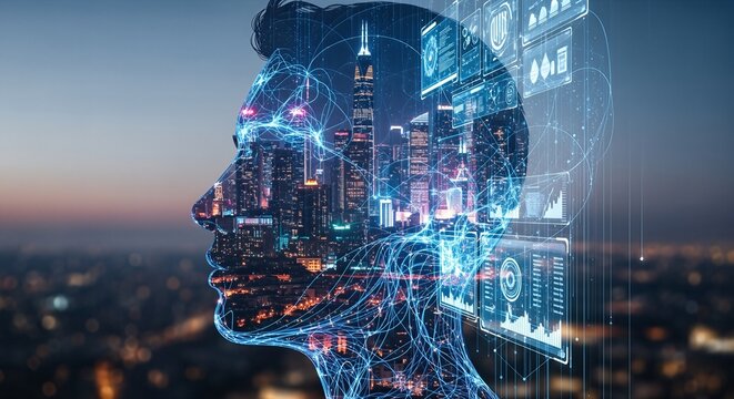 Human head silhouette with vibrant nighttime cityscape, glowing digital network, and data displays, symbolizing artificial intelligence, smart cities, and technological innovation. - Powered by Adobe