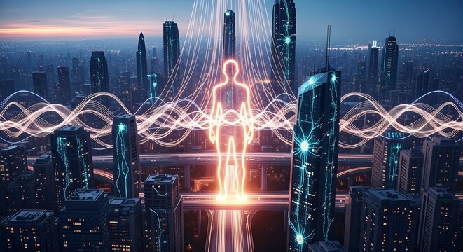 A futuristic city skyline at dusk with a glowing human silhouette at its center, surrounded by interconnected skyscrapers and light trails, representing technology and data.