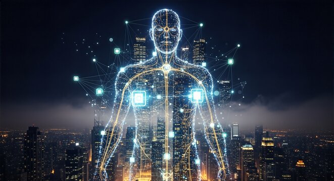 A glowing abstract wireframe human figure with network connections stands against a futuristic city night skyline. Represents AI, data, smart tech, and humanity's digital future. - Powered by Adobe