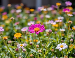 Colorful Blooming Flowers in a Vibrant Garden with a Mix of Pink and Yellow Petals in Spring
