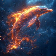 Cosmic dolphin glowing underwater in burning aura high resolution picture