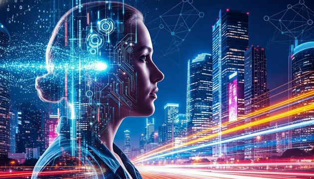 A side profile of a woman's head featuring circuit patterns and glowing data, set against a futuristic city skyline with dynamic light trails. Represents AI, technology, and connectivity.