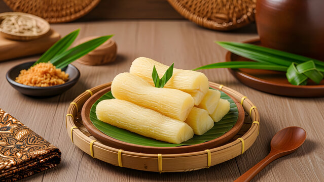 Steamed manioc root served hot with grated palm sugar. Healthy, gluten-free tropical staple food. Horizontal format food photography.