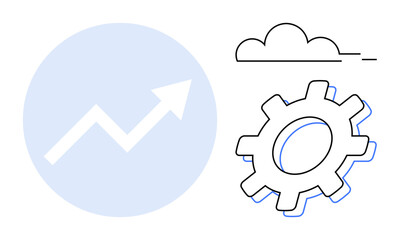 Gear, upward arrow inside a circle, and cloud outline symbolizing progress, technology, and development. Ideal for growth, process, innovation, analysis strategy technology and efficiency