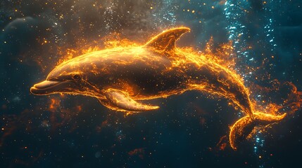 Cosmic dolphin illuminated with surreal fiery flames high resolution picture