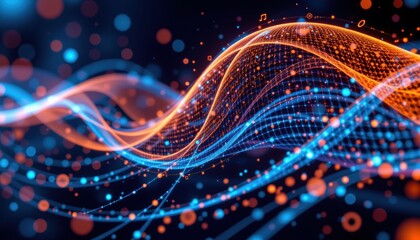 Abstract Digital Waves with Vibrant Blue and Orange Colors Flowing Through a Dark Background