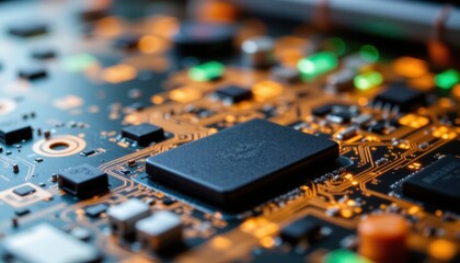 Close-Up Of A Colorful Electronic Circuit Board With Microchip And Illuminated Components