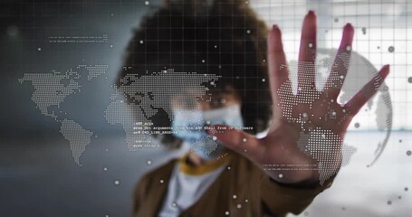 Woman extending palm to camera, activating digital world map, revealing mask text for tech showcase - Powered by Adobe