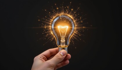 Hand Holding Glowing Light Bulb Surrounded by Sparks Symbolizing Creativity and Innovation