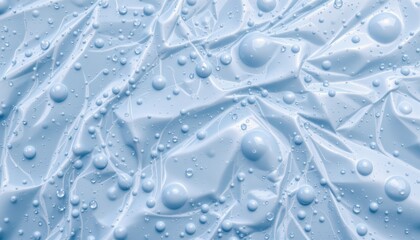 Crumpled Blue Plastic Surface with Water Drops Creating an Abstract Aesthetic Background