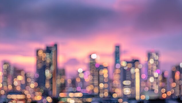 Blurred cityscape with bokeh lights at dusk, pink and purple sky