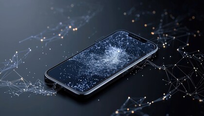 A modern smartphone is depicted on a dark, reflective surface, surrounded by a glowing, abstract network of lines and dots.