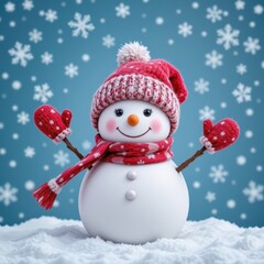 Close Up of a Cheerful Snowman with Red Hat and Mittens Surrounded by Falling Snowflakes