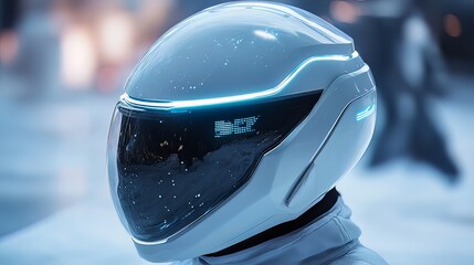 Futuristic astronaut helmet with glowing blue accents and a digital display visor showcasing advanced technology and space exploration concept