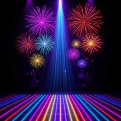 Colorful Fireworks Bursting Against a Dark Background with Luminous Neon Lights and Stage