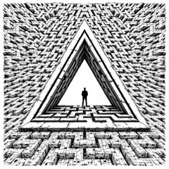 Person Standing Alone in a Complex Maze Surrounded by Triangle Shapes in Monochrome Design